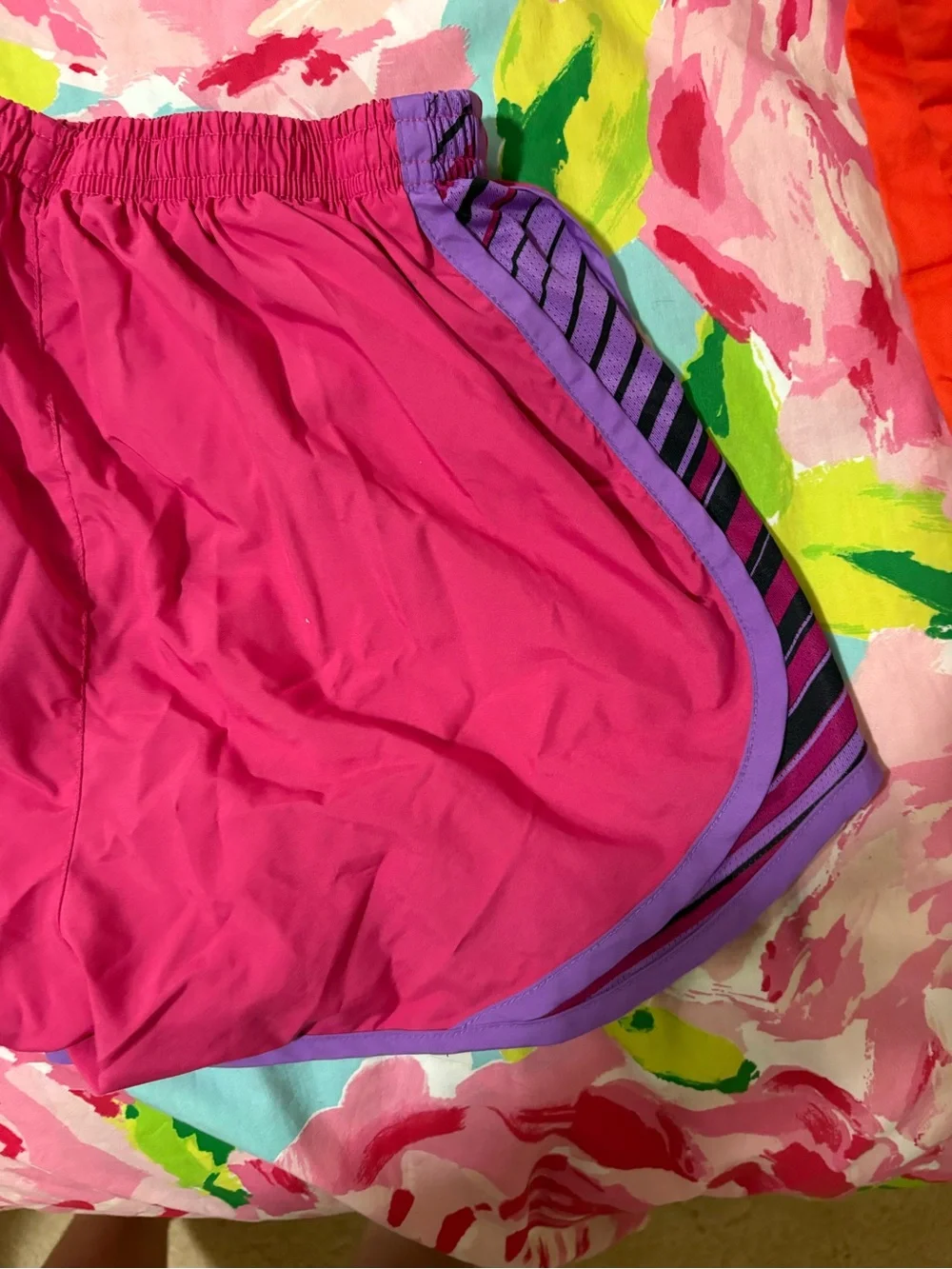 Nike Women's Hot Pink Athletic Shorts with Purple Trim